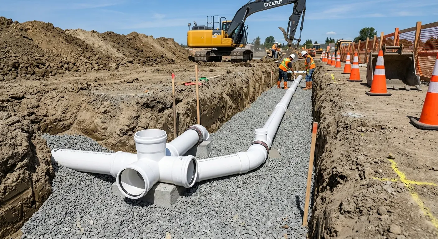 New PVC sewer pipe installation in open trench for Commercial Drain Cleaning in Puyallup