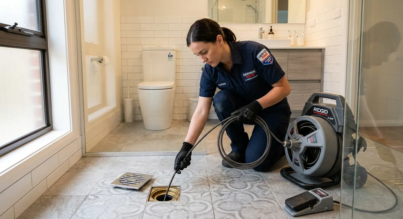 Technician clearing a bathroom floor drain for Clogged Drain Repair in Puyallup
